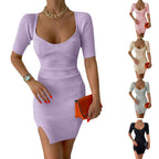 Damen Figurschmeichelndes Strickkleid mit kurzen Ärmeln und seitlichen Schlitzen R&B