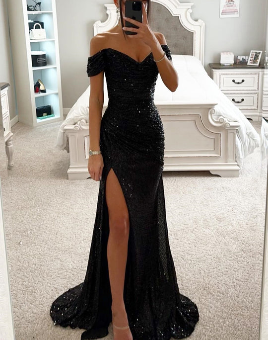 Damen Glamouröses Abendkleid mit schulterfreiem Schnitt und schimmerndem Stoff R&B