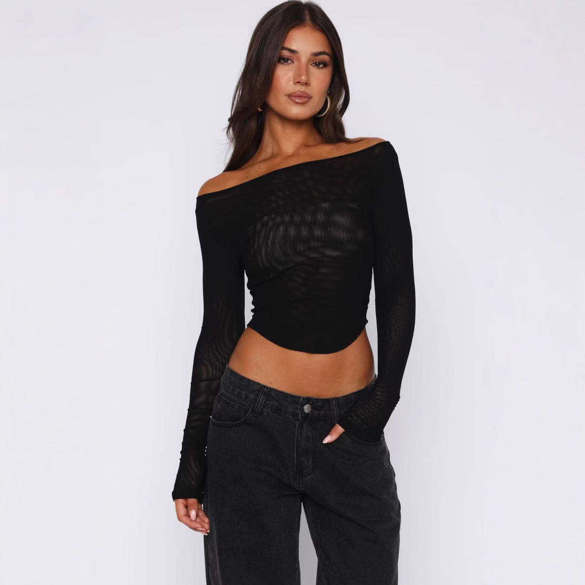Damen Elegantes Langarm-Top mit schöner Transparenz R&B