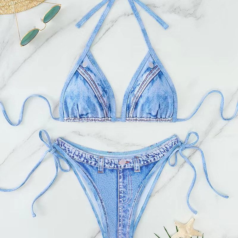 Damen Triangel-Bikini mit Jeans-Optik und geflochtenen Bindebändern R&B