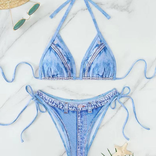 Damen Triangel-Bikini mit Jeans-Optik und geflochtenen Bindebändern R&B