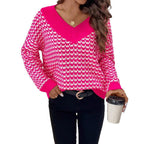Damen Strickpullover mit V-Ausschnitt und modernem Karomuster R&B