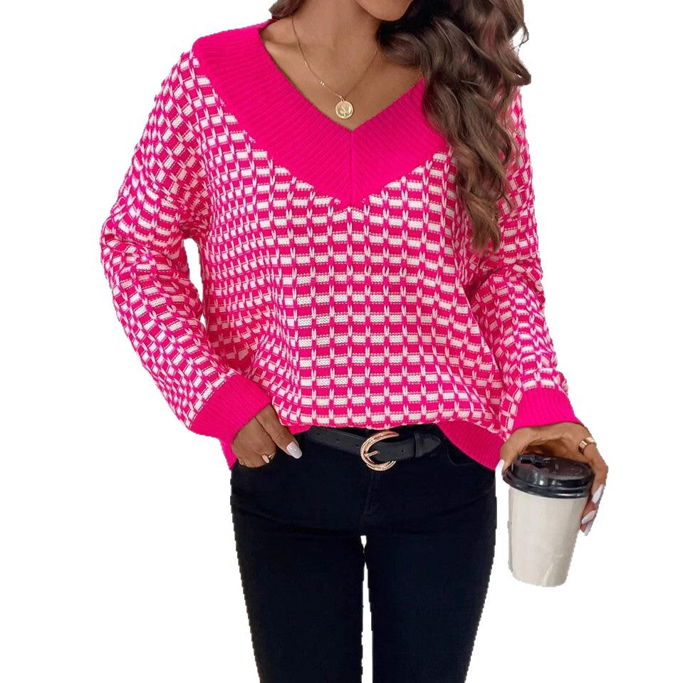 Damen Strickpullover mit V-Ausschnitt und modernem Karomuster R&B