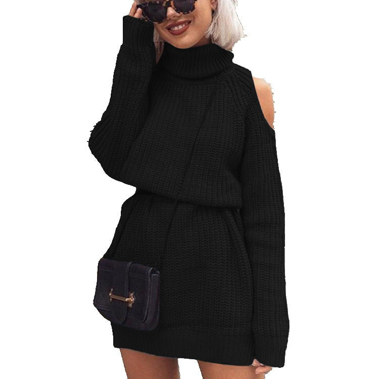 Damen Langarm-Strickkleid mit hohem Kragen und offenem Schulterdesign R&B