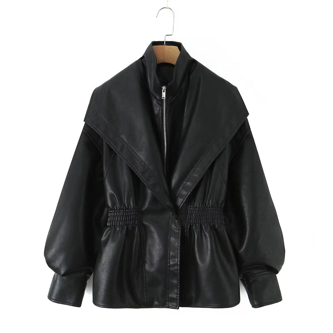 Damen Kunstlederjacke mit asymmetrischem Kragen und tailliertem Schnitt R&B