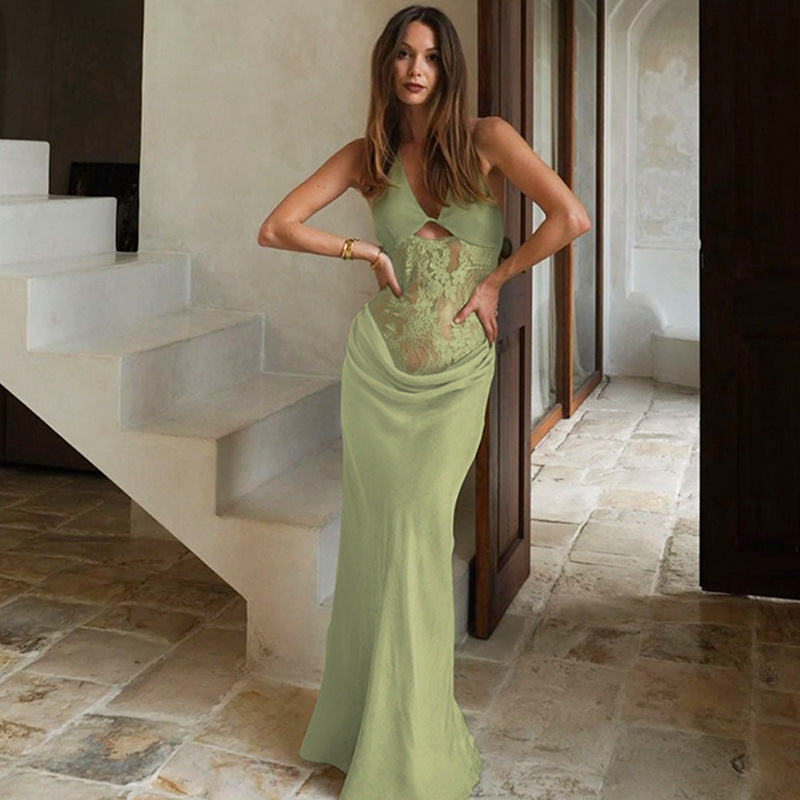 Damen Elegantes Maxikleid mit Halterneck, Spitzenverzierung und figurbetontem Schnitt R&B