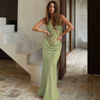Damen Elegantes Maxikleid mit Halterneck, Spitzenverzierung und figurbetontem Schnitt R&B