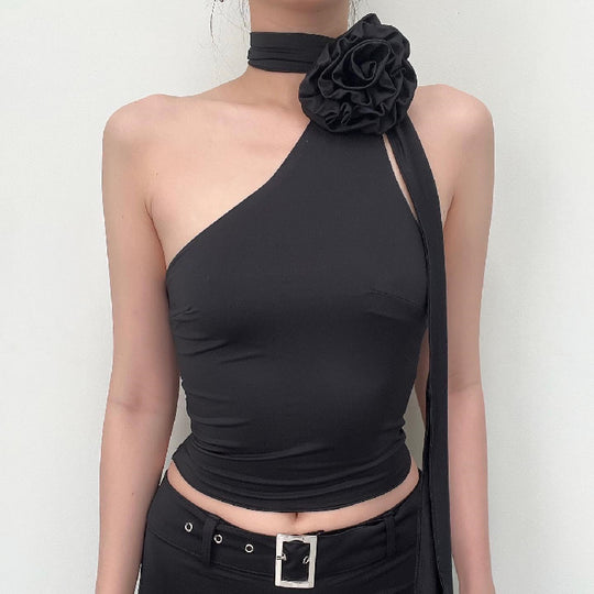 Damen asymmetrisches Top mit floraler Applikation und verstellbarem Träger R&B