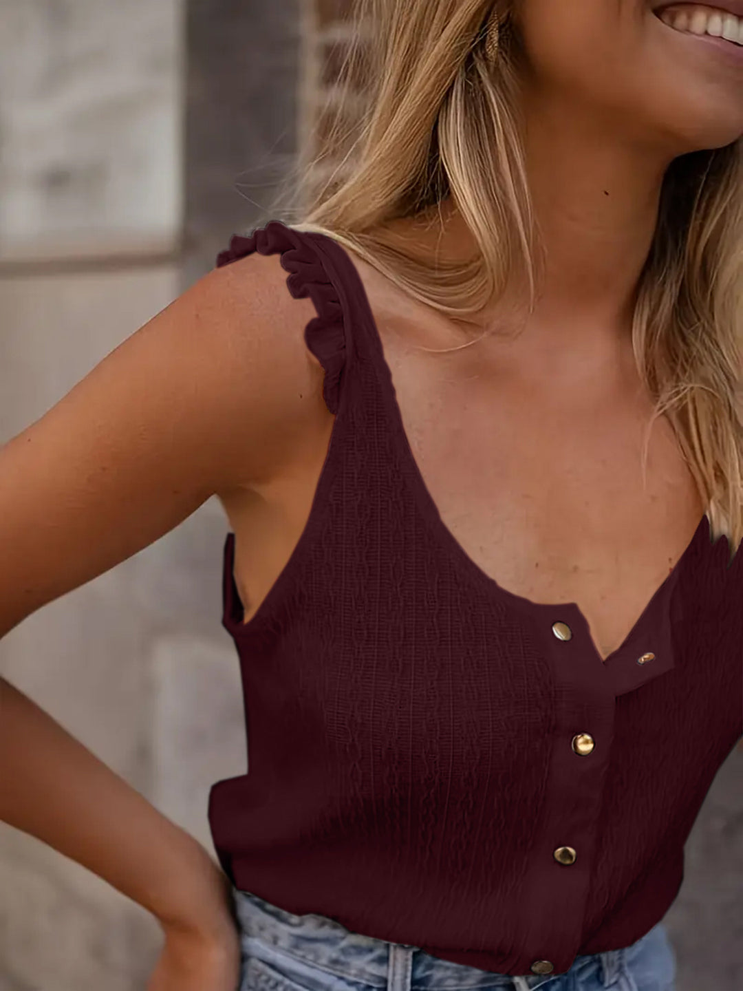 Damen luftige Bluse mit Knopfleiste und Rüschen R&B