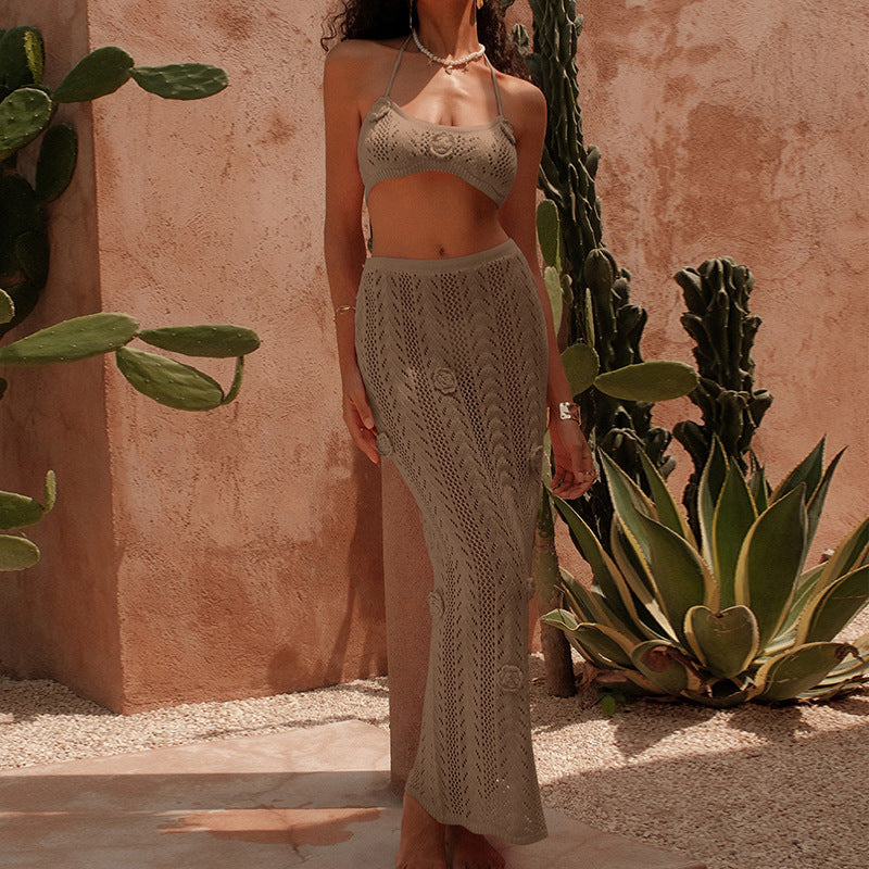 Damen Häkel-Bikini-Set mit langem Rock und verstellbaren Trägern R&B
