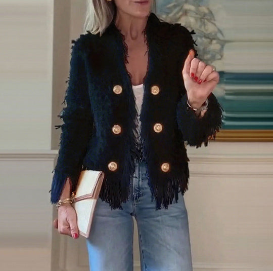 Damen nan fransenbesetzte Kurzjacke mit strukturierter Oberfläche und Zierknopfreihe R&B