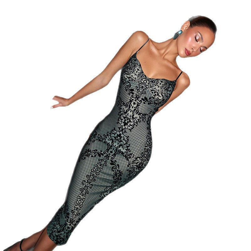 Damen Figurbetontes Kleid mit elegantem Muster und feinen Trägern R&B