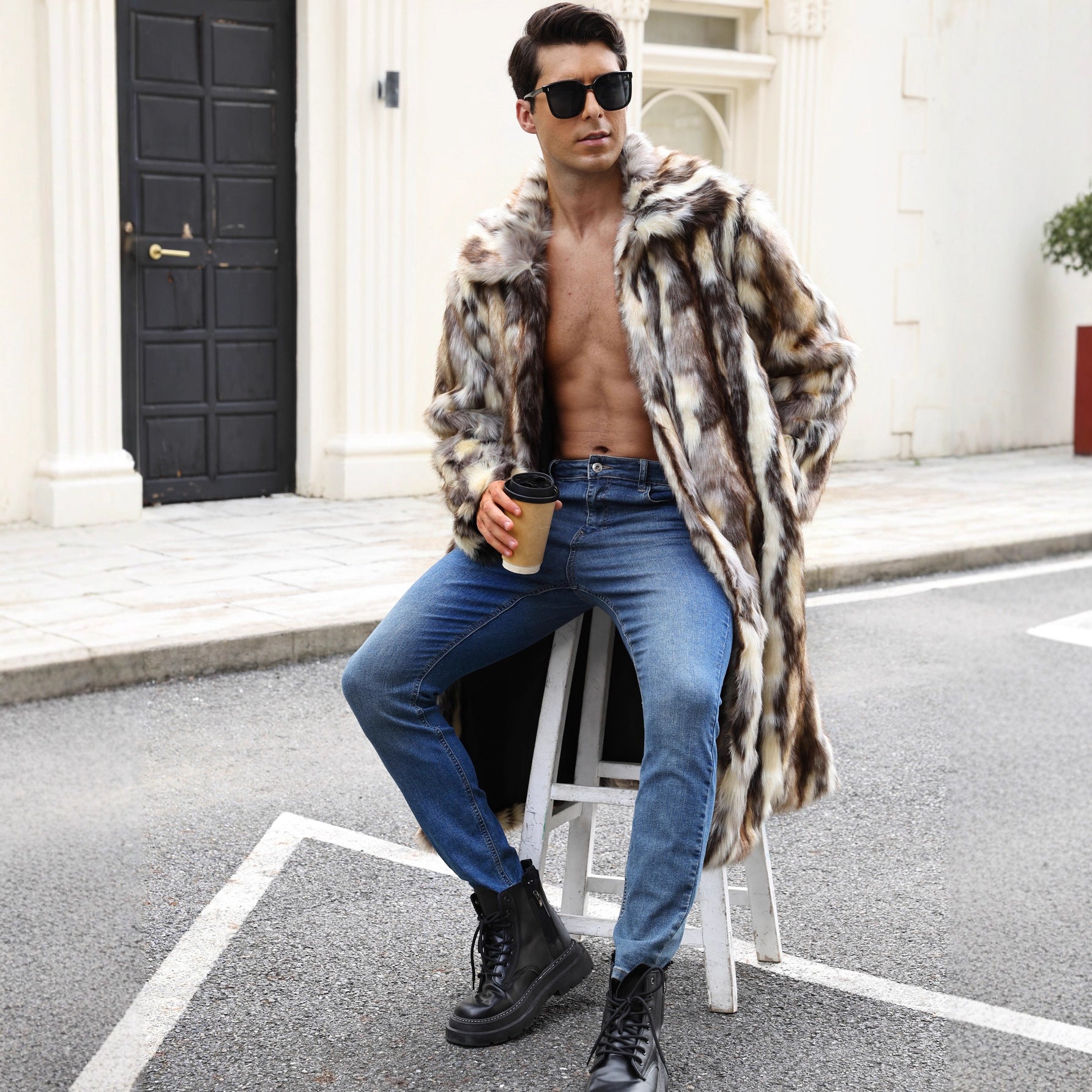Herren Glamouröser Kunstpelzmantel mit voluminösem Kragen R&B