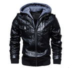 Herren lässige Kunstlederjacke mit abnehmbarer Kapuze und zahlreichen Taschen R&B