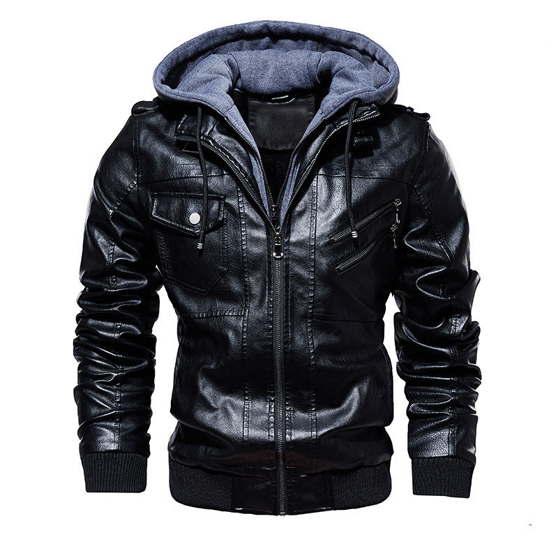 Herren lässige Kunstlederjacke mit abnehmbarer Kapuze und zahlreichen Taschen R&B