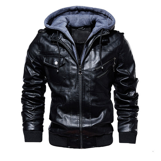 Herren lässige Kunstlederjacke mit abnehmbarer Kapuze und zahlreichen Taschen R&B