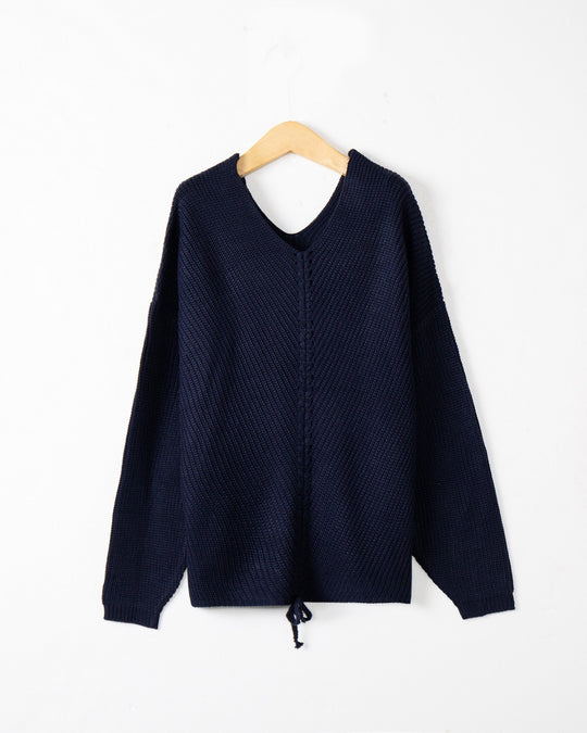 Damen Grobstrick Pullover mit attraktivem V-Ausschnitt und praktischen Kordeldetails R&B