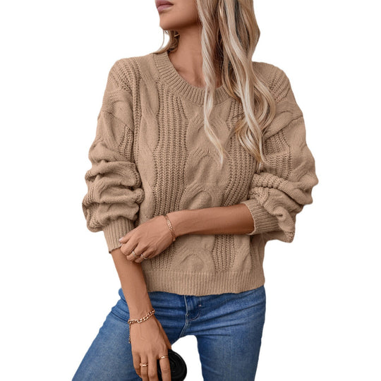 Damen grob gestrickter Pullover mit voluminösen Ärmeln und Zopfmuster R&B