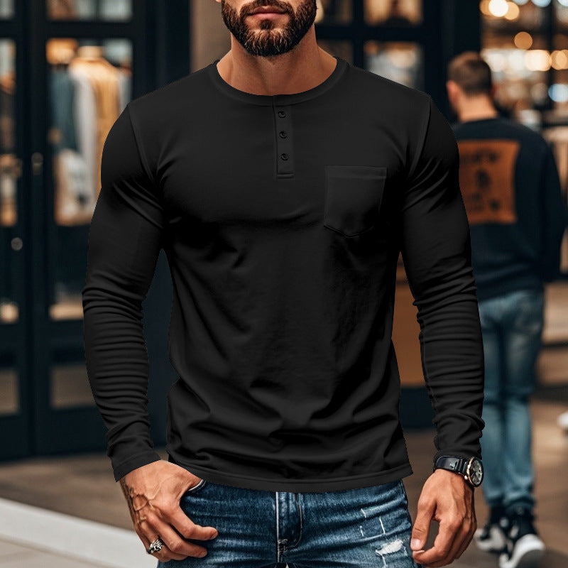 Herren Langarm-Henley-Shirt mit strukturierter Oberfläche und praktischer Brusttasche R&B