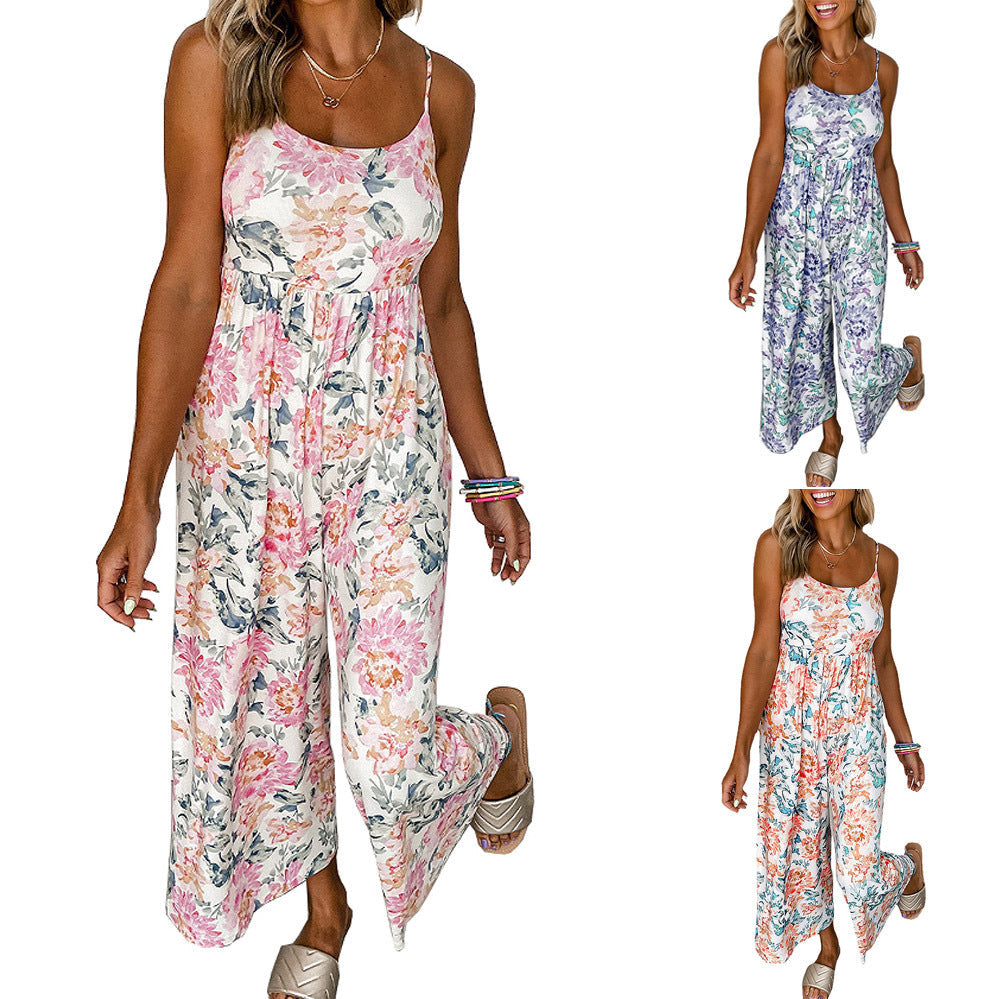 Damen Luftiger Jumpsuit mit floralen Details und schmalen Trägern R&B
