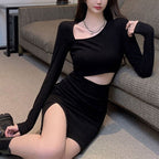 Damen Kleid mit asymmetrischem Ausschnitt und seitlichem Schlitz