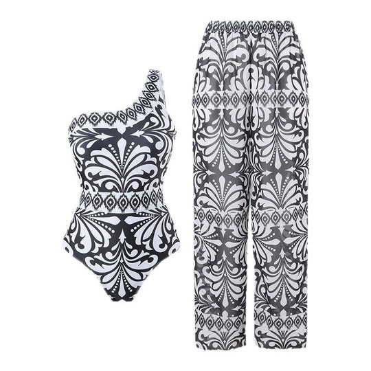 Damen Einteiler Badeanzug mit elegantem asymmetrischen Design und passender Hose R&B