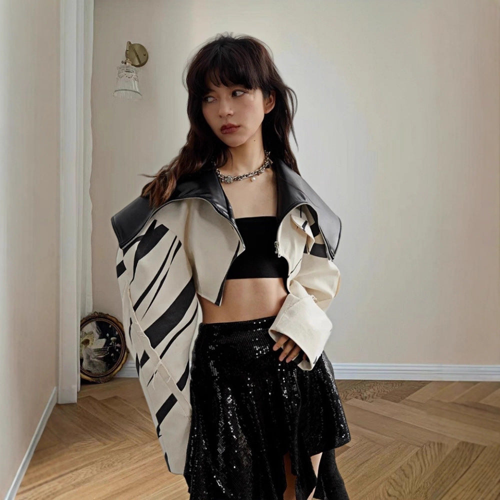 Damen Modische Cropped Jacke mit geometrischem Design und Kunstlederdetails R&B