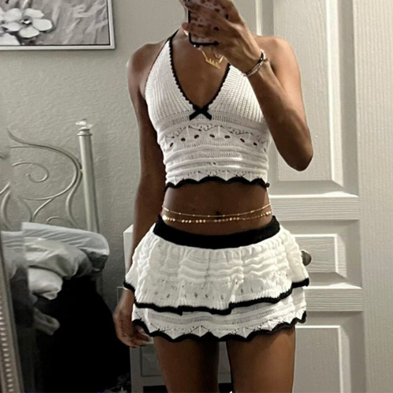 Damen Crop-Top und Rock Set mit dekorativem Häkelmuster