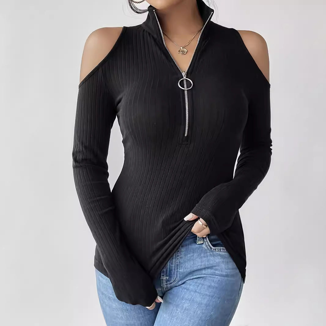 Damen Langärmliges Oberteil mit offenem Schulterdesign und hohem Kragen R&B