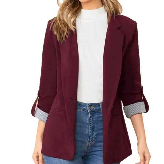 Damen stilvolle und vielseitige Blazerjacke mit umgeschlagenen Ärmeln R&B