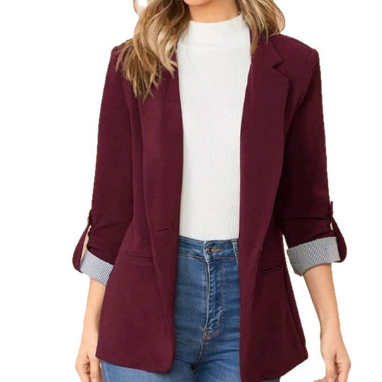Damen stilvolle und vielseitige Blazerjacke mit umgeschlagenen Ärmeln R&B