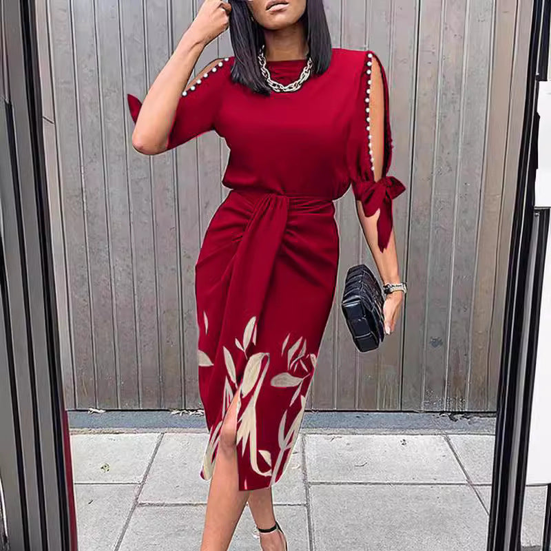 Damen Midikleid mit elegantem Bindegürtel und modischen Cut-Out-Ärmeln R&B