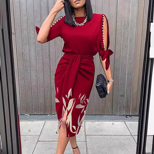 Damen Midikleid mit elegantem Bindegürtel und modischen Cut-Out-Ärmeln R&B