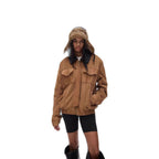 Damen Kunstlederjacke mit abnehmbarer Kapuze und voluminösen Ärmeln R&B