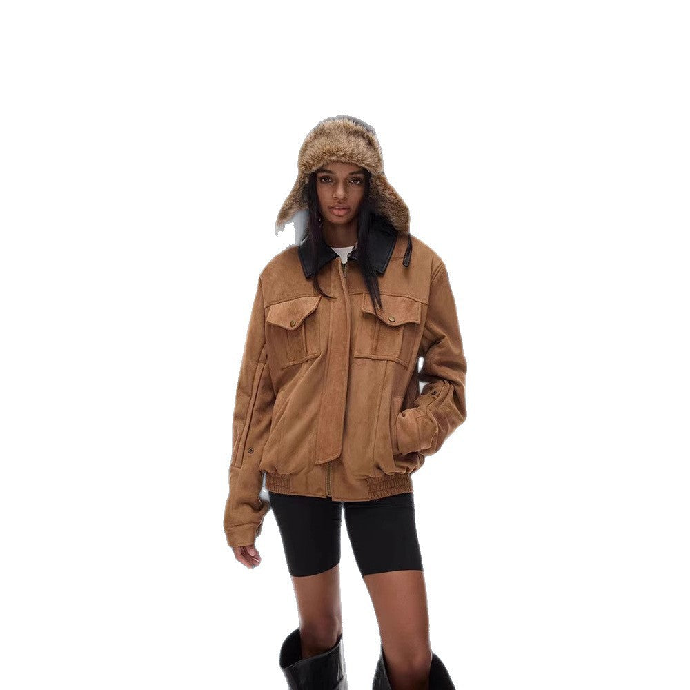 Damen Kunstlederjacke mit abnehmbarer Kapuze und voluminösen Ärmeln R&B