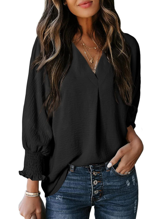 Damen V-Ausschnitt Bluse mit lässigen Ballonärmeln und Rüschendetails R&B