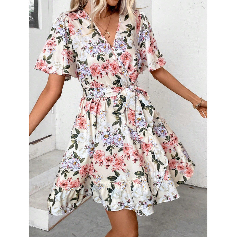 Damen Blumengemustertes Wickelkleid mit Taillengürtel R&B