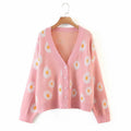 Damen Strickjacke mit floralem Design und V-Ausschnitt R&B