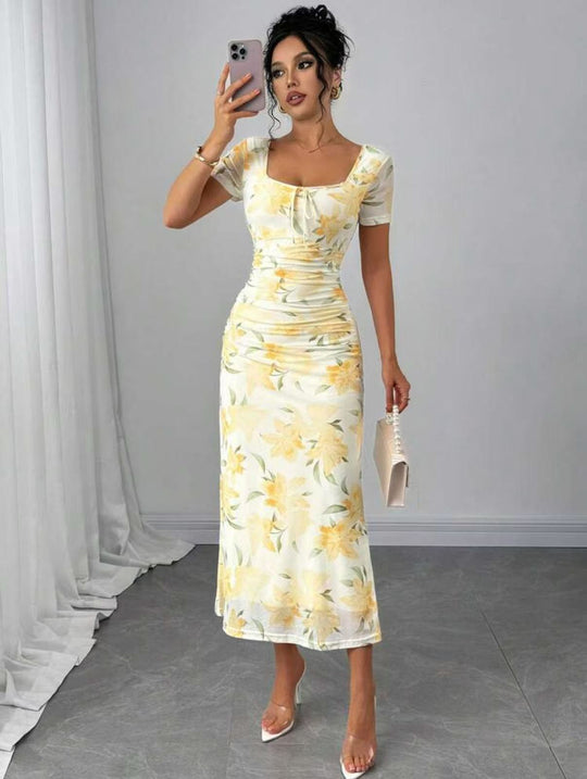 Damen Midi-Kleid mit raffinierten Falten und floralem Muster R&B