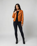 Damen Kunstleder-Bikerjacke mit asymmetrischem Reißverschluss wattierter Innenfütterung und taillierten Abnähern R&B