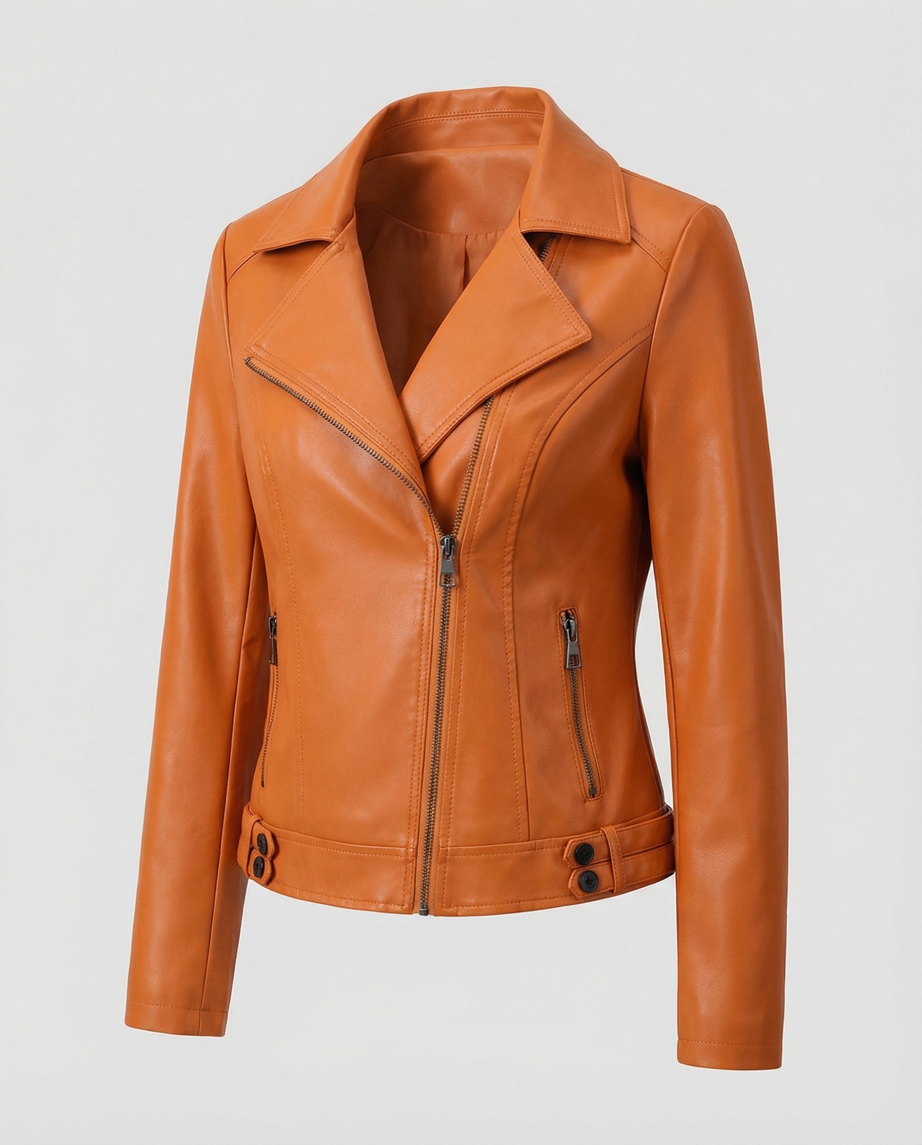 Damen Kunstleder-Bikerjacke mit asymmetrischem Reißverschluss wattierter Innenfütterung und taillierten Abnähern R&B