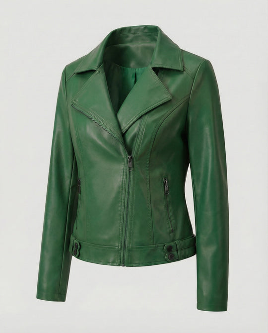 Damen Kunstleder-Bikerjacke mit asymmetrischem Reißverschluss wattierter Innenfütterung und taillierten Abnähern R&B