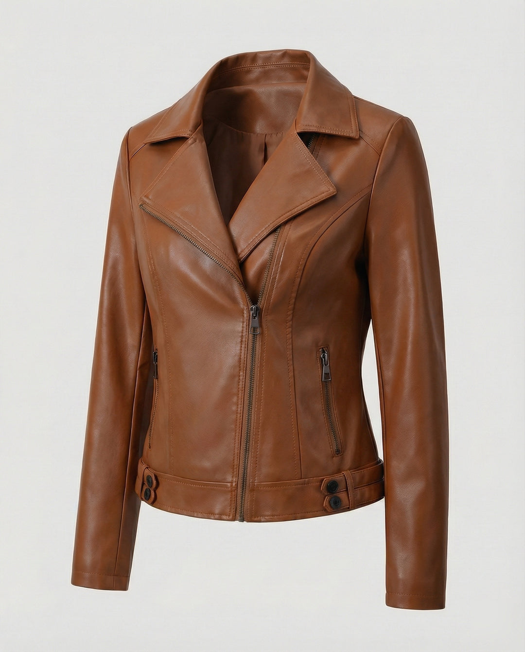 Damen Kunstleder-Bikerjacke mit asymmetrischem Reißverschluss wattierter Innenfütterung und taillierten Abnähern R&B