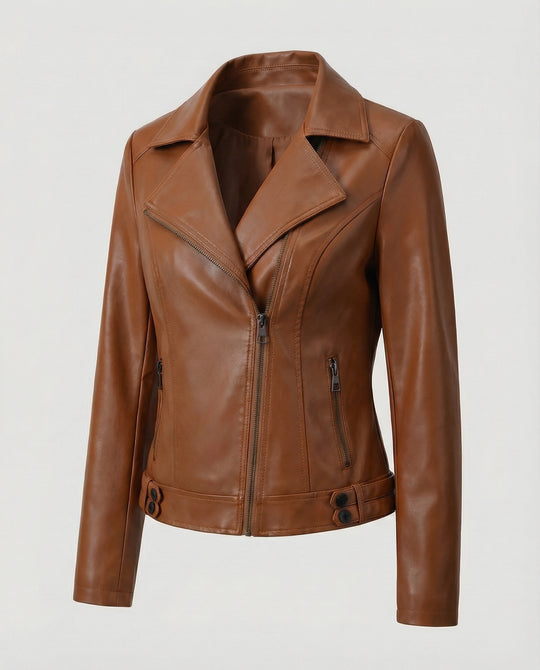 Damen Kunstleder-Bikerjacke mit asymmetrischem Reißverschluss wattierter Innenfütterung und taillierten Abnähern R&B