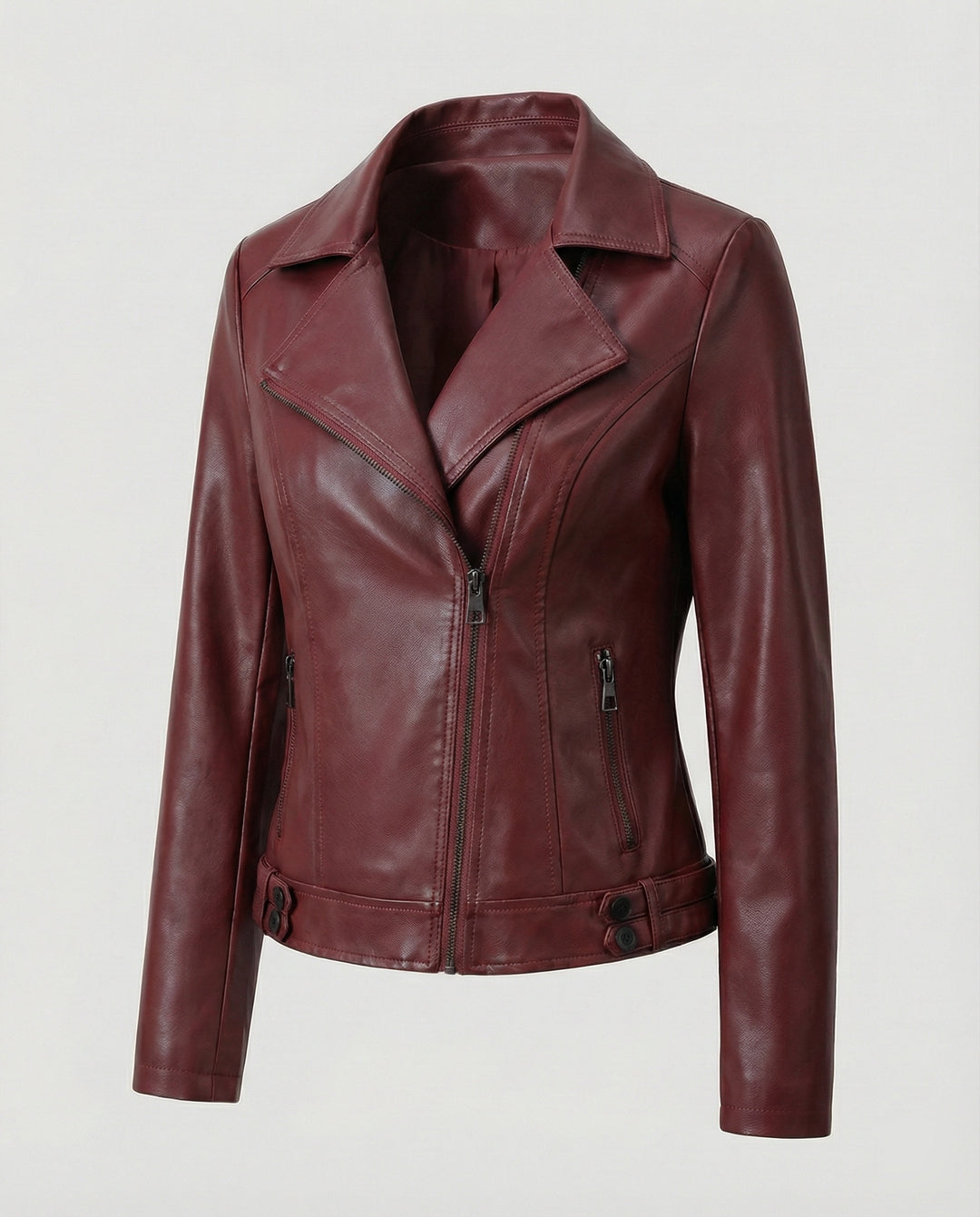 Damen Kunstleder-Bikerjacke mit asymmetrischem Reißverschluss wattierter Innenfütterung und taillierten Abnähern R&B