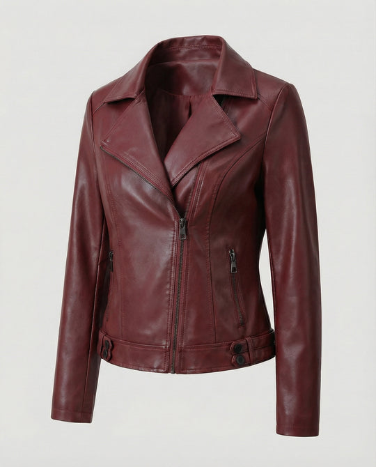 Damen Kunstleder-Bikerjacke mit asymmetrischem Reißverschluss wattierter Innenfütterung und taillierten Abnähern R&B