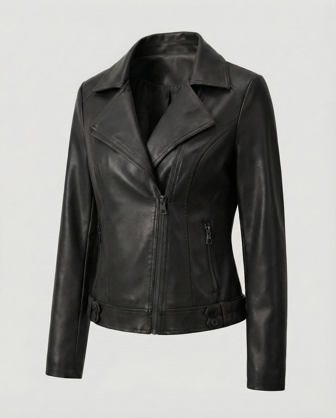 Damen Kunstleder-Bikerjacke mit asymmetrischem Reißverschluss wattierter Innenfütterung und taillierten Abnähern R&B