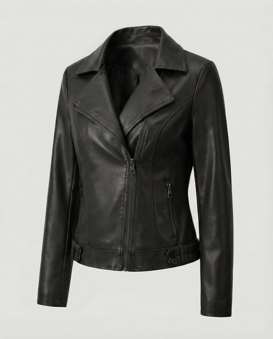Damen Kunstleder-Bikerjacke mit asymmetrischem Reißverschluss wattierter Innenfütterung und taillierten Abnähern R&B