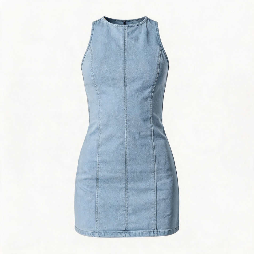 Damen figurbetontes Denim-Kleid mit Seitenschlitzen und hohem Kragen R&B
