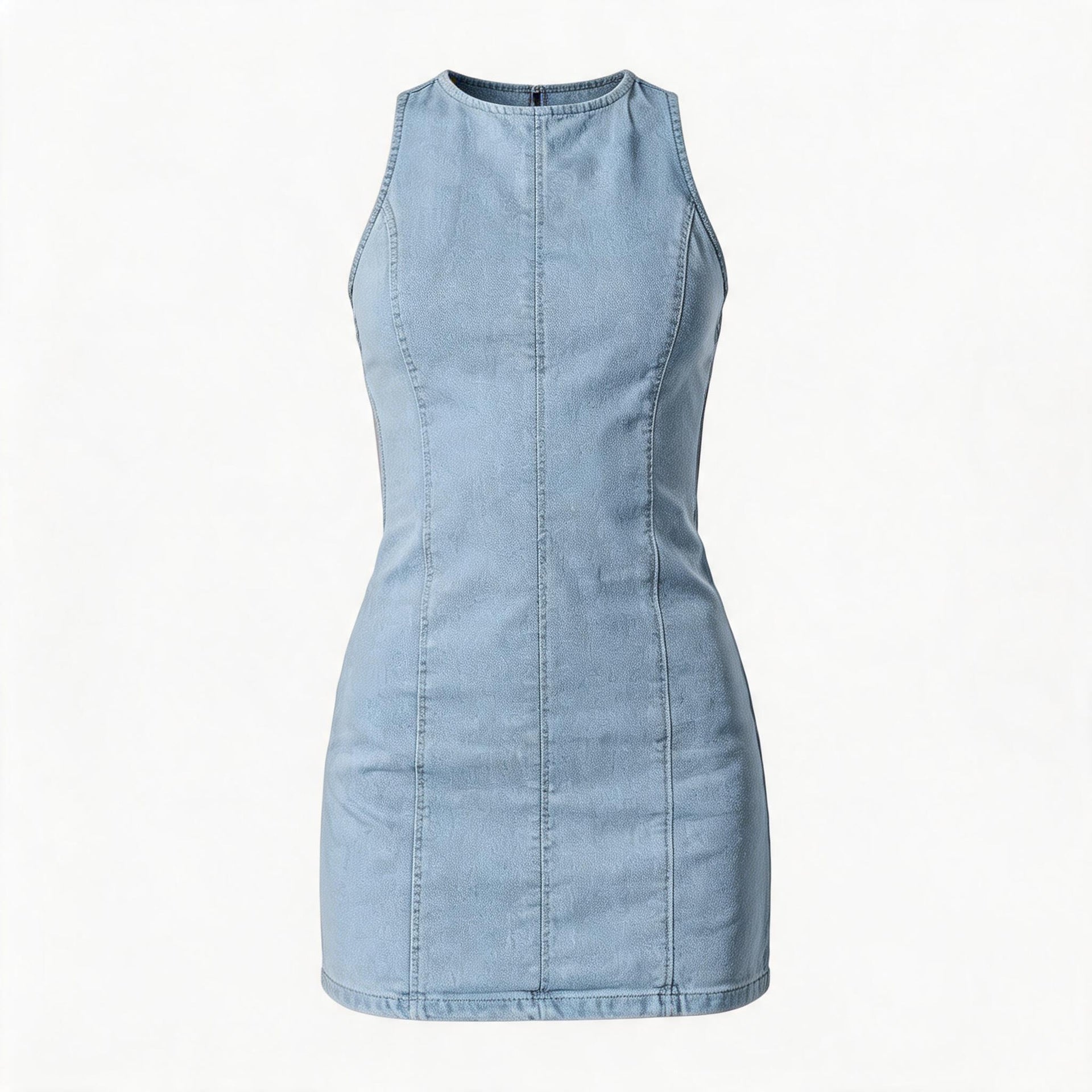 Damen figurbetontes Denim-Kleid mit Seitenschlitzen und hohem Kragen R&B